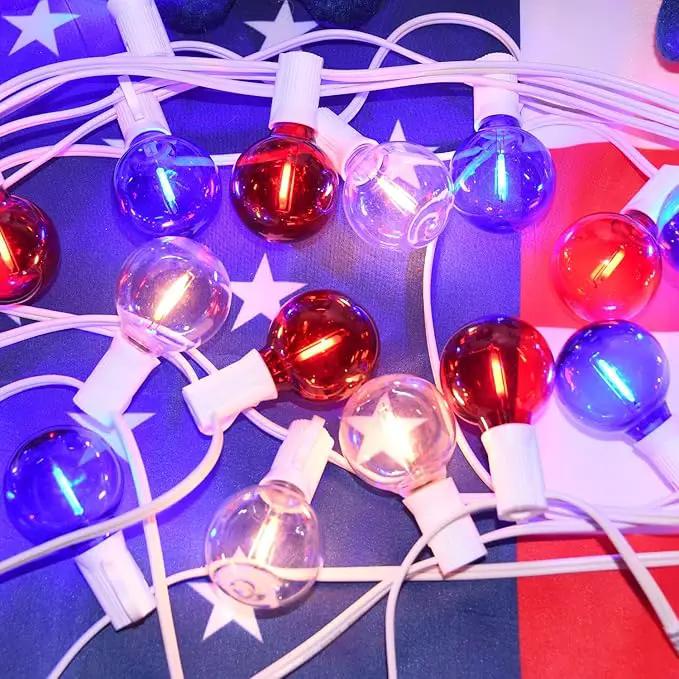 G40 LED Red White and Blue Lights, 27.8 FT 4th of July Lights Plug in with 25+3 Bulbs, Patriotic Decorations Outdoor String Light for Memorial Day Independence Day Patio Garden Backyard Bistro Decor by GreenHaven Gardens