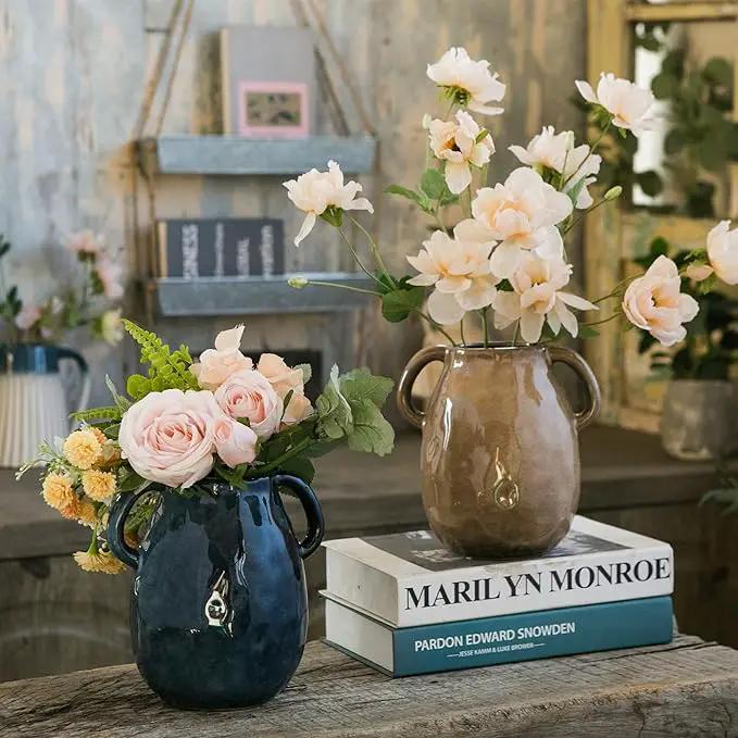 Brown Ceramic Vase with 2 Handles, Modern Farmhouse Decor, Rustic Terracotta Pottery, Decorative Flower Vases, Clay Small Vase, Centerpiece for Dining Table - 7 Inch Tall by GreenHaven Gardens