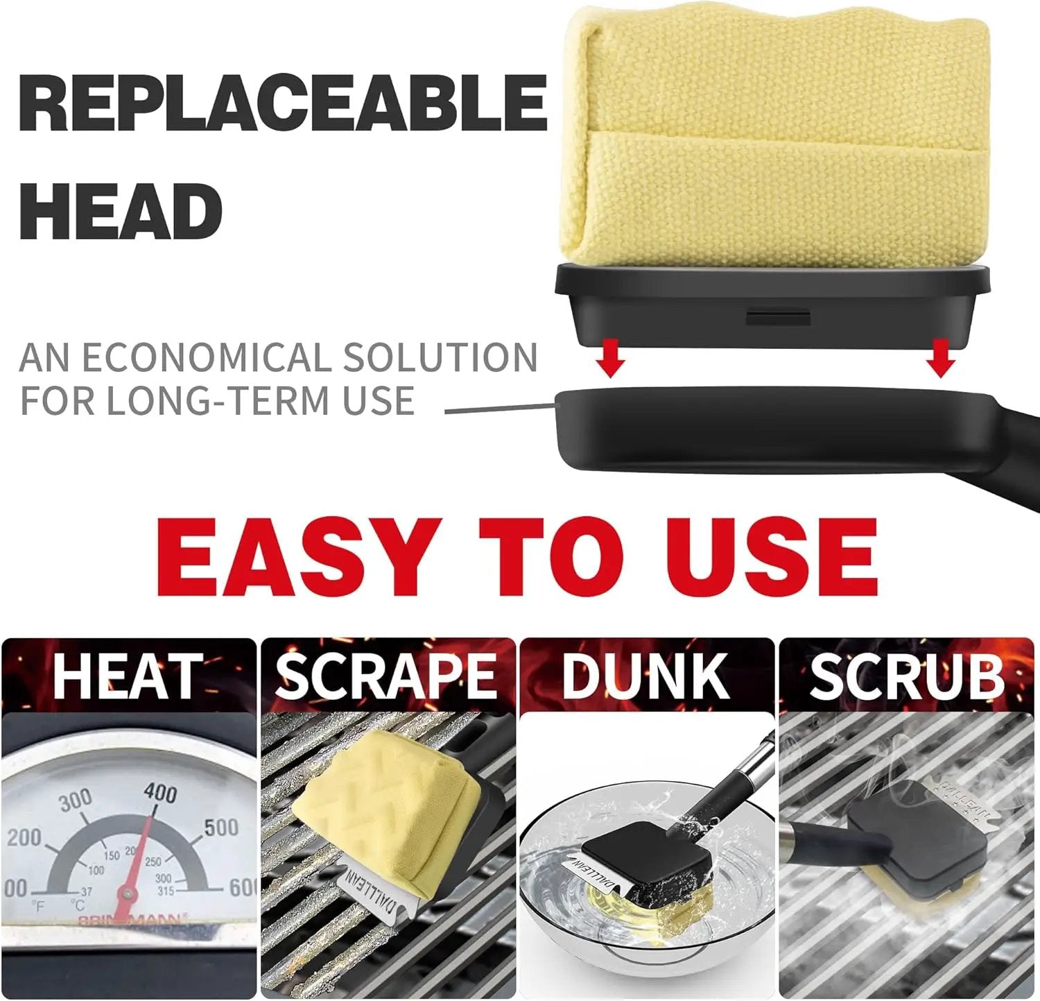 BBQ Grill Brush Bristle Free for Outdoor Grill, Replaceable Head Cleaning Brush, Steam Grate Cleaner, BBQ Cleaning Brush, Scraper for Grill Grates, Safe Barbecue Grill Brush by GreenHaven Gardens