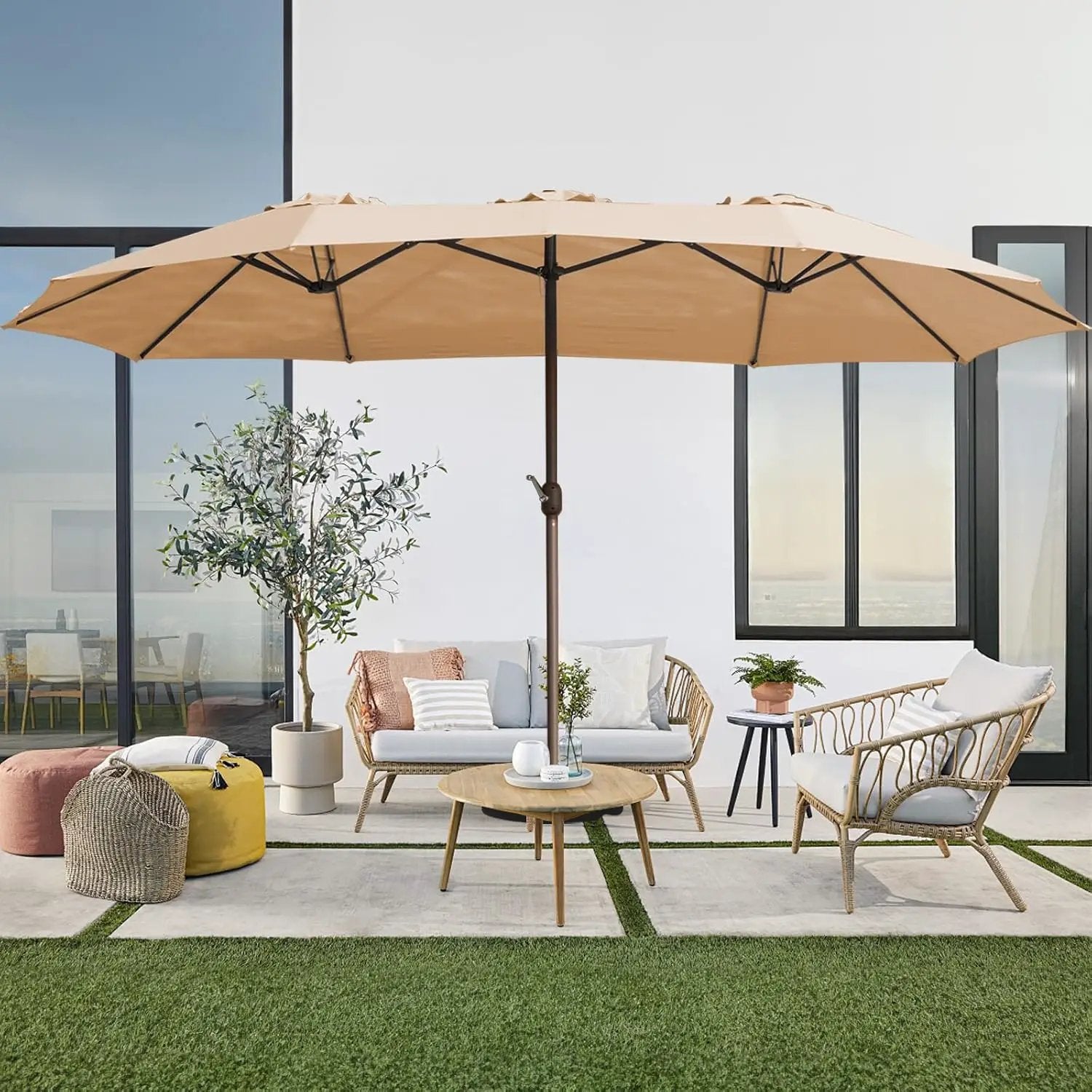 JEAREY 15FT Patio Umbrella Large Outdoor Umbrella Extra Double-Sided Market Umbrella with Crank Handle for Garden, Deck, Backyard and Pool, Beige by GreenHaven Gardens