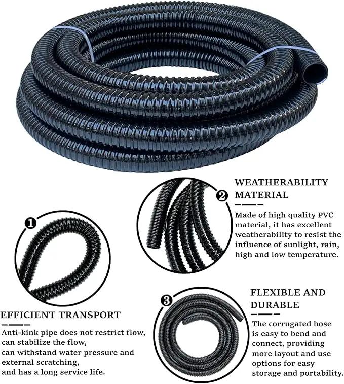 1 1/2 Inch Pond Sump Pump Discharge Hose Corrugated Water Hose Black PVC Strong Flexible Tubing 10Ft by GreenHaven Gardens
