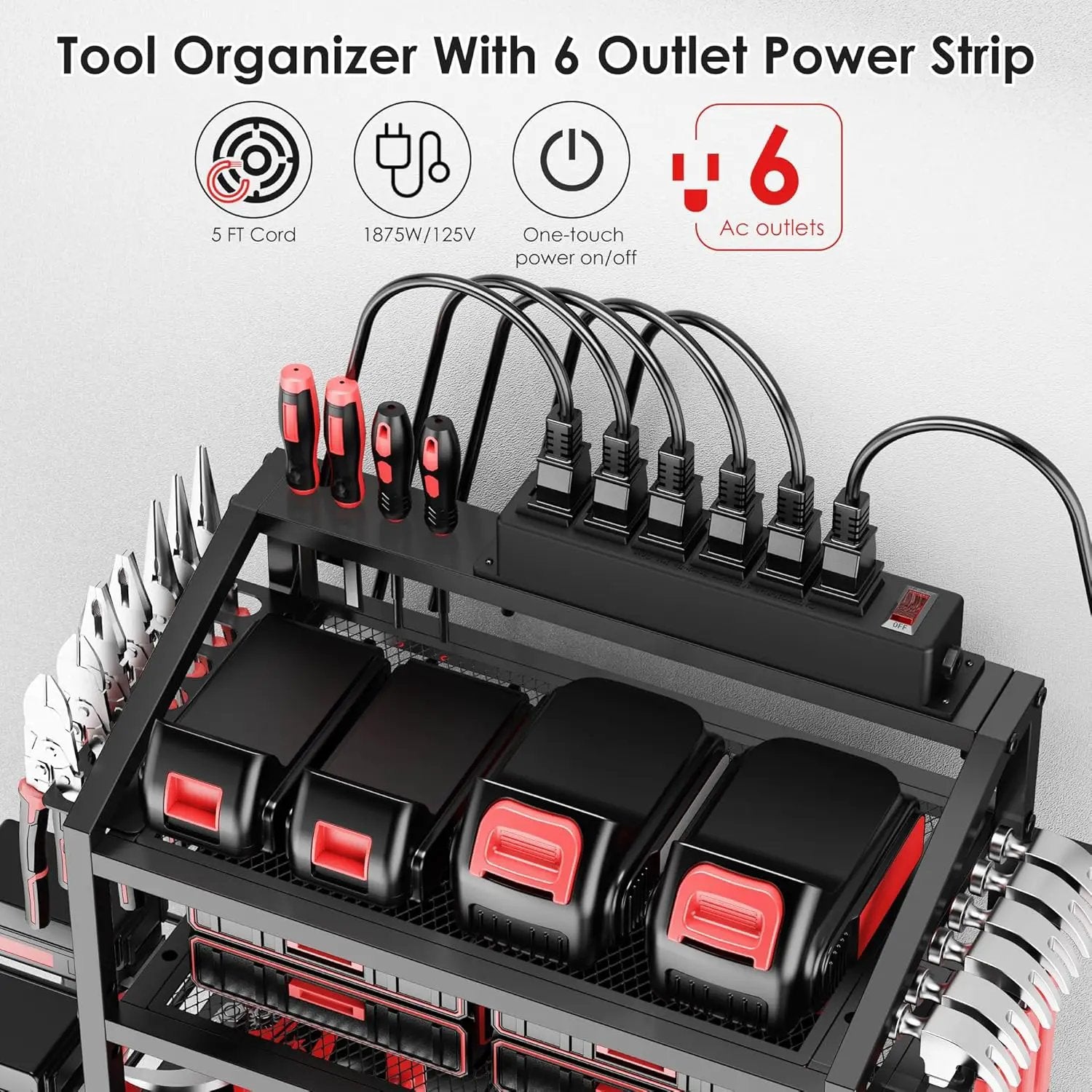 Power Tool Organizer Wall Mount with Charging Station, 4 Layer Storage Rack and Tool Holder for Garage Organization, 6 Drill Holder Wall Mount, 4 Hooks and 6 Outlet Power Strip, Great Men's Gift by GreenHaven Gardens