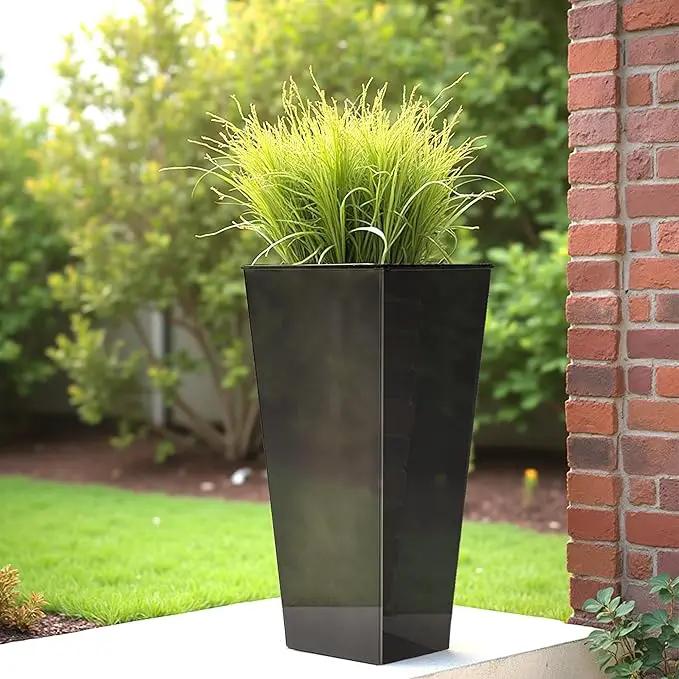 WORTH Garden 25" Large Metal Glazed Planter Set of 2, Luxurious Glossy Finish Black Tall Square Tapered Steel Plant Pots, Decor Flower Pot Indoor & Outdoor, Drainage Hole & Dual-Purpose Plant Saucer by GreenHaven Gardens