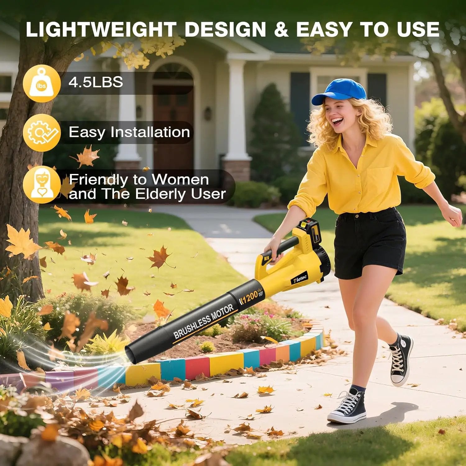 Tietoc Leaf Blower Cordless, 735CFM/200MPH Brushless Electric Leaf Blower with 2 X 5.0Ah Battery, 6 Speed Levels, 2 Extended Tube and Nozzles, Powerful Leaf Blowers for Garden, Lawn Care (Yellow) by GreenHaven Gardens