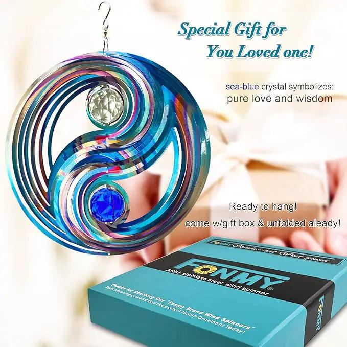 FONMY Mandala Wind Spinner w/Crystal Ball-Fengshui 3D Stainless Steel Hanging Spinners Worth Gift Christmas Decoration Indoor/Outdoor Garden Décor Kinetic Yard Art 12 Inches Wind Sculpture by GreenHaven Gardens