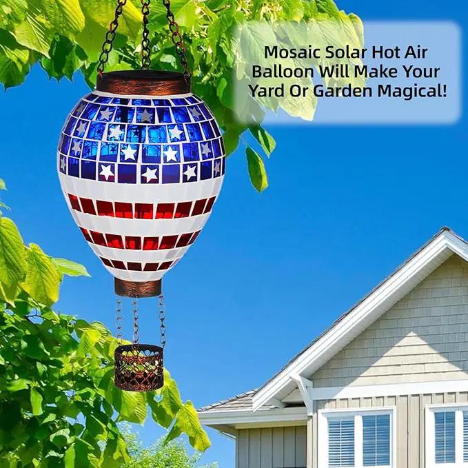 VOREEN American Flag Hot Air Balloon Solar Lantern, Mosaic Solar Outdoor Hanging Wind Light, IP44 Waterproof, Patio Festive Decor, Patriotic Theme, Easter Gifts for Mom Grandma by GreenHaven Gardens