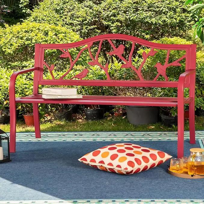 PHI VILLA Outdoor Patio 50" Metal Park Bench Red, Steel Frame Bench with Backrest and Armrests for Porch, Patio, Garden, Lawn, Balcony, Red Bird by GreenHaven Gardens