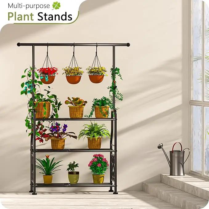GIOTORENT Plant Stand Indoor Outdoor, 3-Tier Heavy Duty Metal Shelves, Display up to 14 Multiple Plants, Tall Plant Holder with Plant Hanger, Suit for Patio Living Room Garden Balcony, 5 Hooks, Black by GreenHaven Gardens