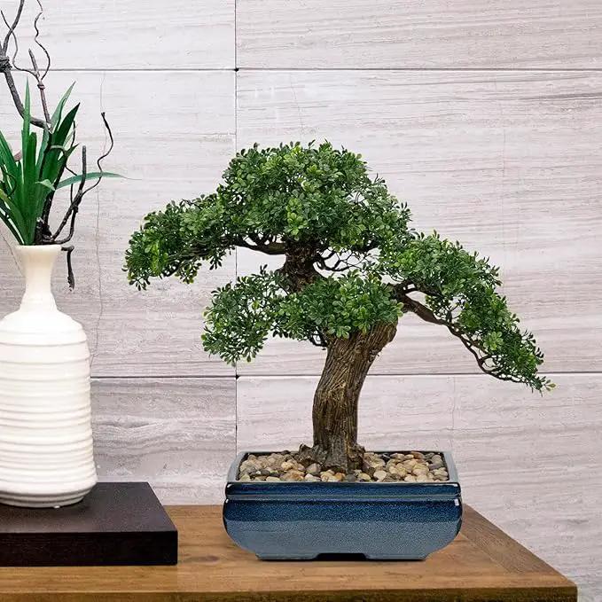 Artificial Bonsai Tree Juniper Faux Plants Indoor Fake Plants Decor with Blue Square Ceramic Pots for Home Table Office Desk Bathroom Shelf Bedroom Living Room Farmhouse Decorations by GreenHaven Gardens