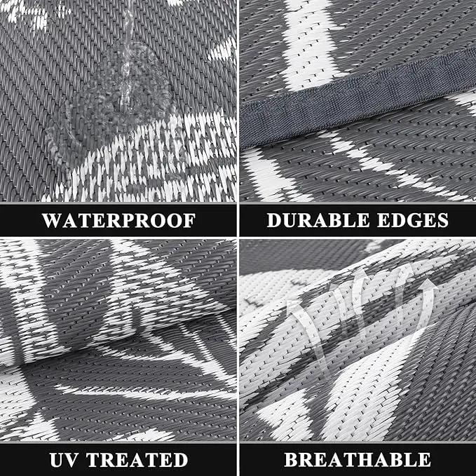Pauwer Waterproof Outdoor Rug 6x9, Reversible Plastic Straw Patio Camping Rug, Indoor Outdoor RV Mat Carpet for Deck, Camper, Porch, Balcony, Backyard, Picnic, Floral Grey by GreenHaven Gardens