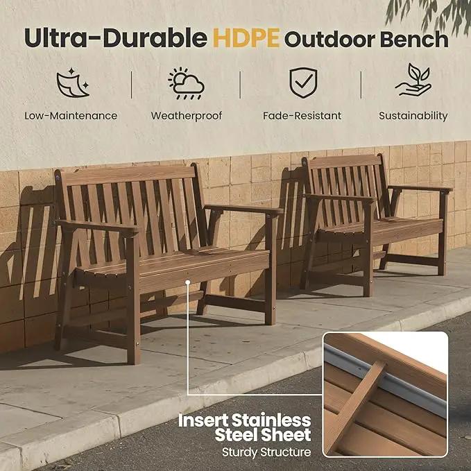 Ciokea 46" Heavy Duty Outdoor Bench, HDPE Weatherproof Garden Benches, Durable 2-Person Benches with 660 Lbs, Waterproof Patio Porch Bench for Outside Balcony Deck Backyard, Teak by GreenHaven Gardens