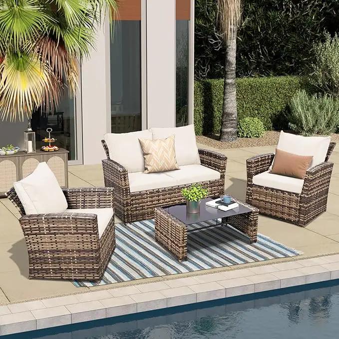 4 Piece Outdoor Patio Furniture Set,Wicker Conversation Sets Outdoor Sectional Patio Sofa Couch with Cushions & Coffee Table for Outside, Garden, Balcony, Porch,Yellow/Beige by GreenHaven Gardens