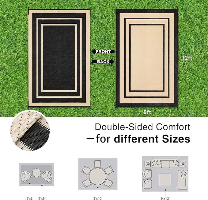OLANLY Outdoor Rug 9x12 ft Waterproof, Reversible Outdoor Plastic Straw Rug, RV Mat, Indoor Outdoor Carpet Clearance for Patio, Camping, Balcony, Deck, Backyard, Black & Beige by GreenHaven Gardens