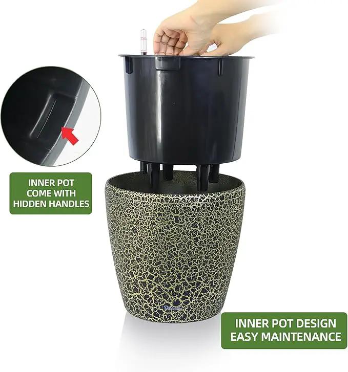 Dexceder 9x8 Inches Self Watering Planter Indoor Outdoor, Inner Pot Design, Thickened Table Flower Plant Pot with Water Level Indicator (Black Gold Crackle) by GreenHaven Gardens