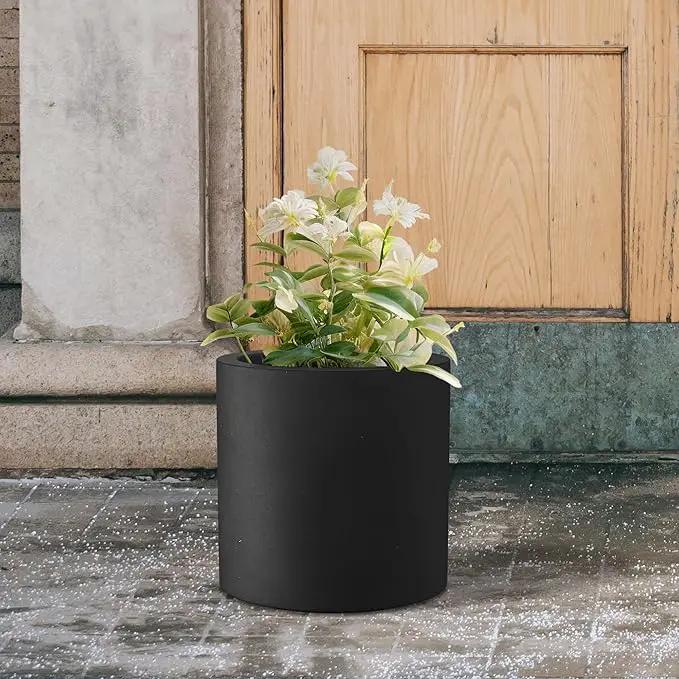 Kante 12.6" Dia Round Concrete Planter, Modern Style Large Cylindrical Plant Pot with Drainage Hole and Rubber Plug for Indoor Outdoor Patio, Black by GreenHaven Gardens