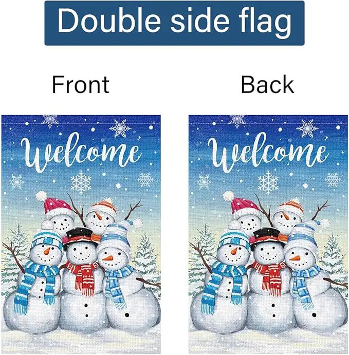 Welcome Winter Garden Flag Double Sided Sonwman 12x18 Inch Small Burlap Welcome Holiday Yard Outdoor Outside House Decoration by GreenHaven Gardens