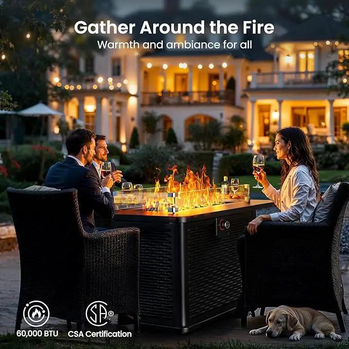 Ciays 43-Inch Rectangular Propane Fire Pit with 60,000 BTU Output, Fire Pit Table Premium Gas for Outside Patio with 304 Stainless Steel H-Burner, Glass Stones, and Wind Guard,Black by GreenHaven Gardens