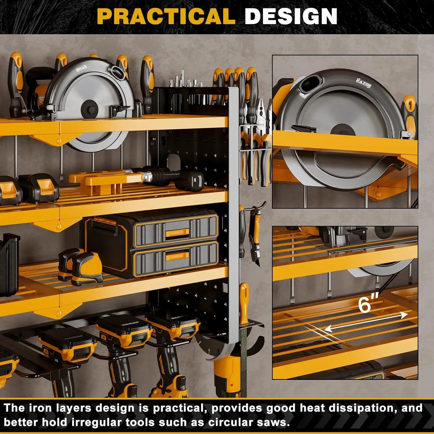 Power Tool Organizer Wall Mount with Charging Station 4 Layer 6 Slot Cordless Drill Holder with Angle Grinder Holder (Yellow) by GreenHaven Gardens