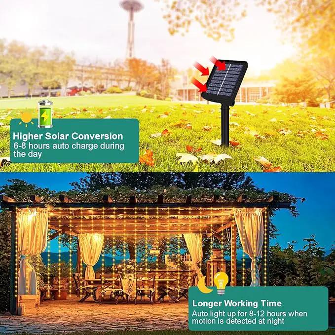 Solar Curtain Lights 7.9ft x 6ft 144 LED Outdoor Curtain Lights Waterproof with Timer 8 Modes for Christmas Garden Patio Fence Wedding Wall Window Gazebo Decor - Warm White by GreenHaven Gardens