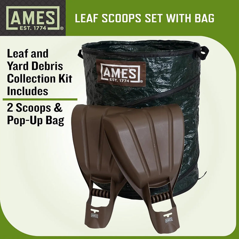 AMES Leaf Scoops Hand Rake Set with Collapsible Pop-Up Garden Waste Bag for Collecting Leaves, Mulch and Debris by GreenHaven Gardens