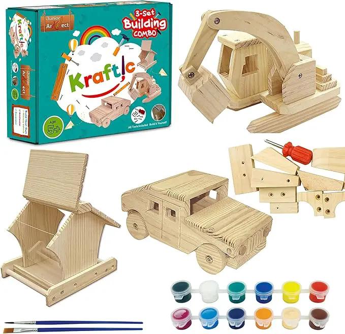Kraftic Woodworking Building Kit for Kids and Adults, 3 Educational DIY Carpentry Construction Wood Model Kit STEM Toy Projects for Boys and Girls - Wooden Military Vehicle, Excavator and Bird-Feeder by GreenHaven Gardens