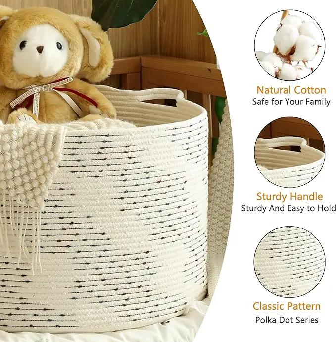 KAKAMAY Large Blanket Basket (20"x13"),Woven Baskets for storage Baby Laundry Hamper，Cotton Rope Blanket Basket for Living Room, Laundry, Nursery, Pillows, Off White with Blue & Brown Dotted Pattern by GreenHaven Gardens