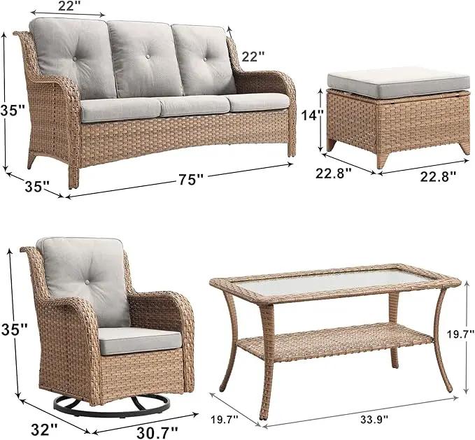 Outdoor Wicker Patio Furniture Set - 6 Piece Rattan Patio Conversation Set with 2 Rocking Swivel Chairs,2 Ottomans,1 Sofa and 1 Coffee Table for Porch Deck Backyard Garden(Yellow/Beige) by GreenHaven Gardens