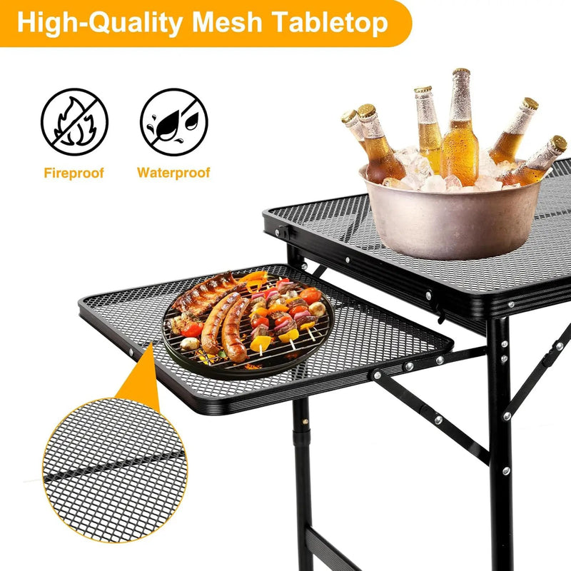 Grill Table Folding Table with 2 Wing Panels 4FT+1.77 FT with Mesh Desktop 3 Height Adjustable Portable Grill for Outdoor Indoor Beach BBQ Picnic Travel RV Black by GreenHaven Gardens