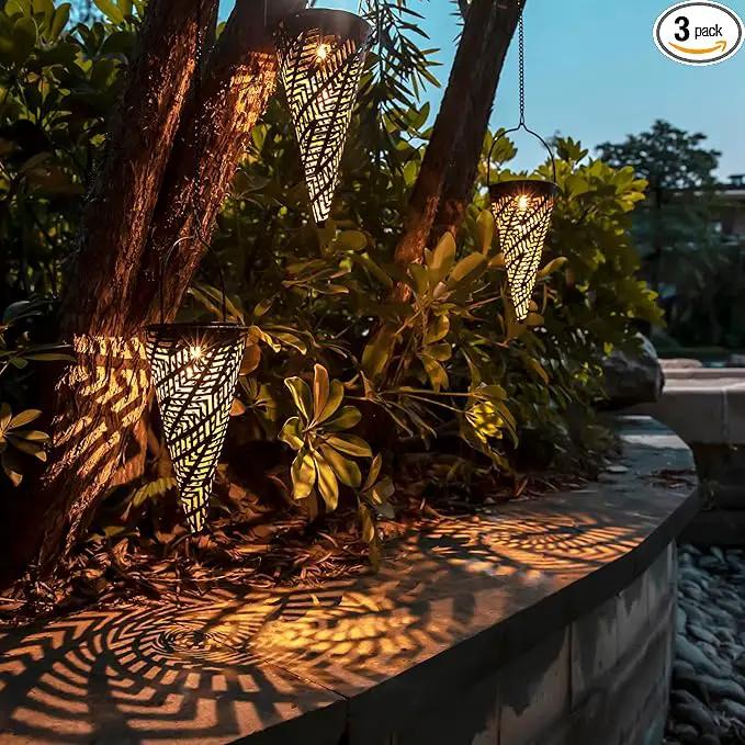 Outdoor Decorative Solar Hanging Lights with Delicate Hollow Conical Lantern Design - Set of 3 Chandelier for Patio, Tree, Garden, Yard, Porch, Backyard Pathway and Christmas Decoration. by GreenHaven Gardens