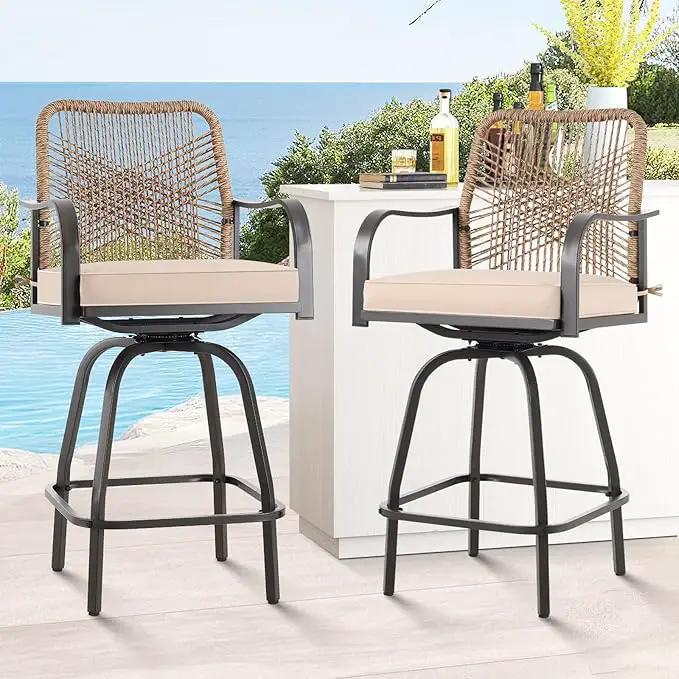Outdoor Bar Stools Set of 4, Patio Swivel Counter Height Rattan Bar Stools, Patio Wicker Bar Swivel Chairs with Cushion, Outdoor Pool Bar Chairs for Backyard Garden Balcony w /360 Rotation by GreenHaven Gardens