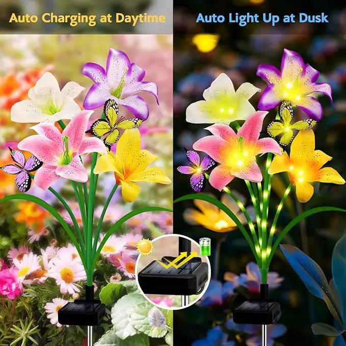 Solar Garden Lights 4 Pack 16 Lily Flowers with Butterfly Decor, Waterproof Solar Flower Lights for Outdoor - Upgraded Decorative Lilies for Yard, Patio, Pathway Decorations & Gardening Gifts by GreenHaven Gardens