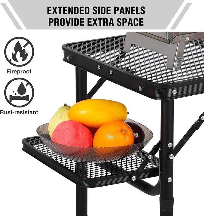 RedSwing Folding Grill Table with Extra Space, Adjustable Height Portable Small Stand Table for Outdoor Indoor Camping Picnic BBQ, Black with Side Table by GreenHaven Gardens
