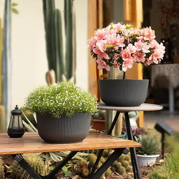 T4U 10 Inch Self Watering Planters, Plant Pots for Indoor and Outdoor Use, Home Decor Flower Pots, Plastic Planters with Drainage Hole & Plug for Plants, Flowers, Cactus, Garden, Set of 2, Gray by GreenHaven Gardens