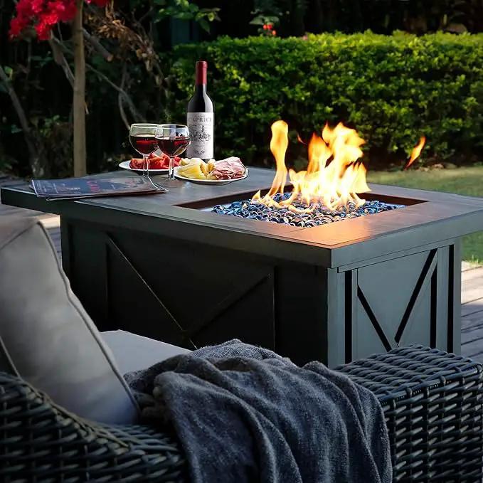 BALI OUTDOORS 42 inch 50,000 BTU Rectangular Propane Gas Fire Pit Table with Fire Glass and Table Lid, Fire Pits Outdoor for Garden, Patio, Backyard by GreenHaven Gardens