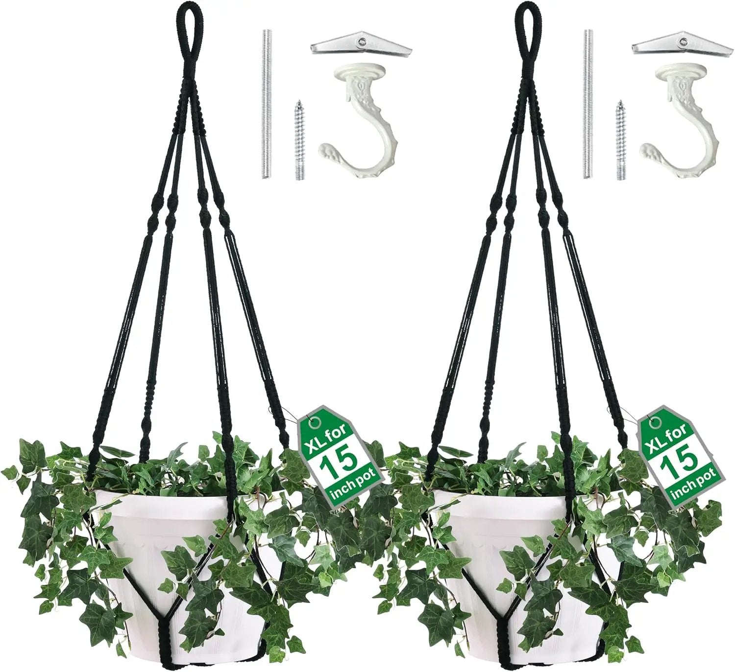 2 Pack Giant XXL 55 Inches Macrame Planter Hanger Large for 15 inch Pot + Swag Hook | Extra Large Hanging Planter for Indoor Plants | No Pot/Plant Included (XXL Black) by GreenHaven Gardens