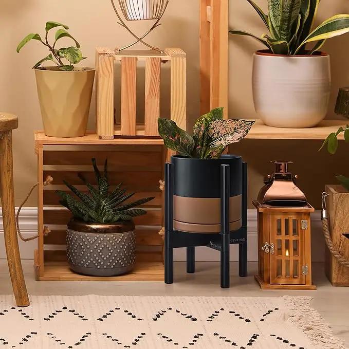 D'vine Dev Ceramic Planter with Ebony Stand - 8 Inch Modern Round Flower Pot with Wood Planter Holder, Black/Speckled Tan, 55-B-M-7 by GreenHaven Gardens
