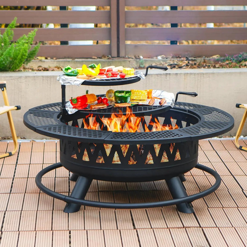 42 Inch Fire Pit with 2 Grills, Large Outdoor Firepits for Outside, Wood Burning Fireplace for Camping,Picnic,Bonfire, 3-in-1 Round Metal Table with Lid for Backyard,Patio,Party by GreenHaven Gardens