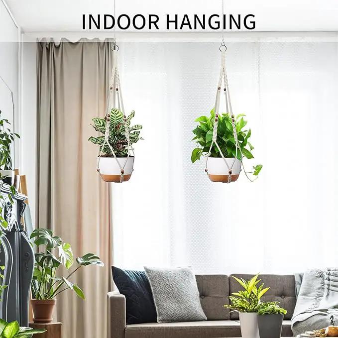 43 Inch Macrame Plant Hanger - Fits 6-15 Inch Pots, Extra Long Hanging Planter Holder for Indoor Outdoor, with Red Wood Beads, Boho Home Decor, 2 Pack, Ivory (POTS NOT Included) by GreenHaven Gardens