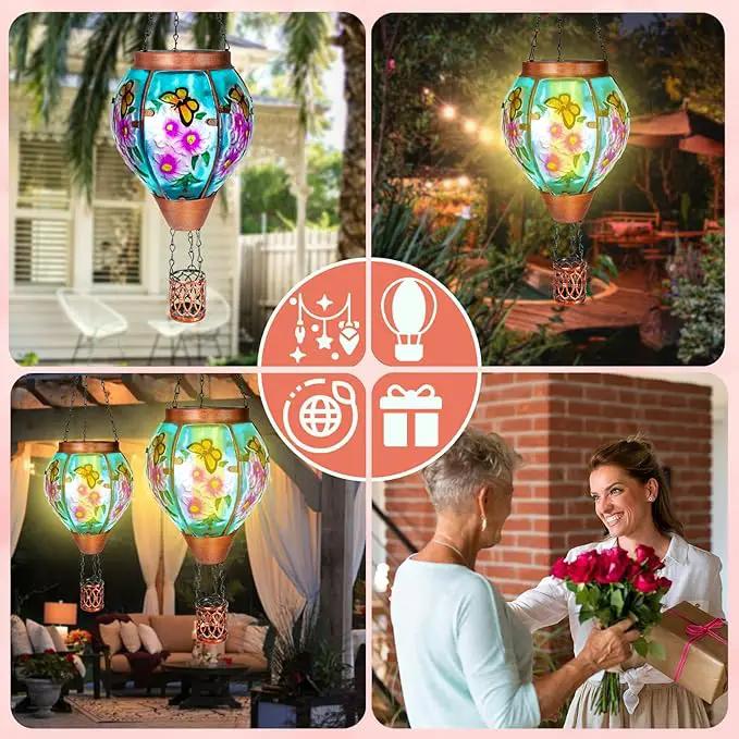 4 Pack Solar Hot Air Balloon Lantern with Flame， Butterfly Glass Outdoor Solar Lanterns for Outside Hanging Farmhouse Patio Pathway Decor, Butterfly Gifts for Women Grandma Mom - Butterfly by GreenHaven Gardens