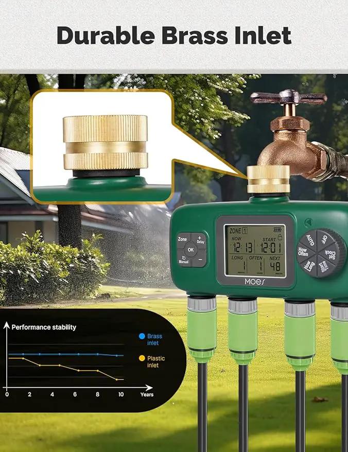 MOES 4 Outlet Sprinkler Timer, Brass Inlet, Programmable Automatic Irrigation Controller, Rain Delay, Manual Watering, 4 Zone Water Hose Timer for Gardens, Lawns, and Hose Systems by GreenHaven Gardens