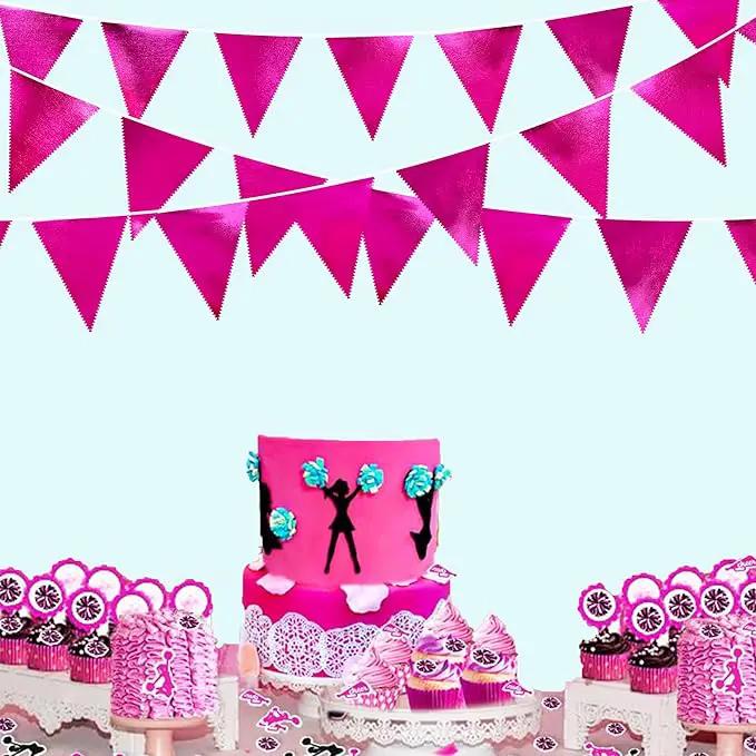 Hot Pink Party Decorations Triangle Pennant Banner Flag Rose Pink Metallic Fabric Bunting Garland for Birthday Bachelorette Wedding Bridal Shower Anniversary Flamingo Theme Party Supplies by GreenHaven Gardens