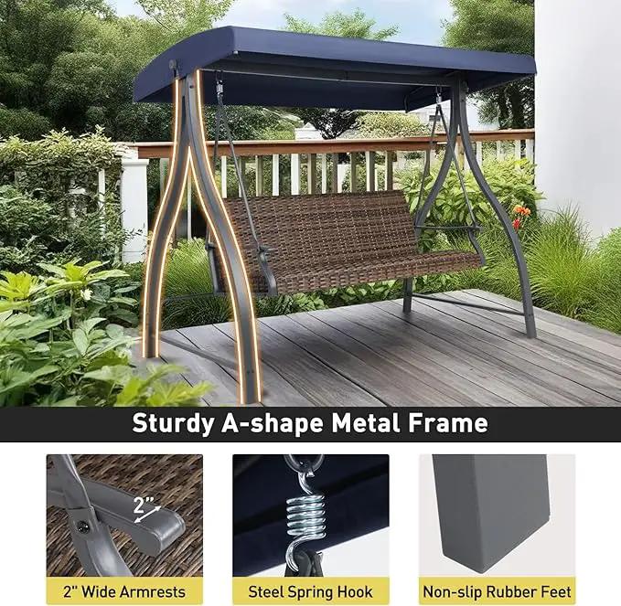 BPS 3 Seat Outdoor Porch Swing with Adjustable Canopy, PE Wicker Patio Swing Chair with Quick-Drying Foam Seat, 882 LBS Capacity, Proch Swings for Deck, Backyard, and Lawn, Dark Blue by GreenHaven Gardens