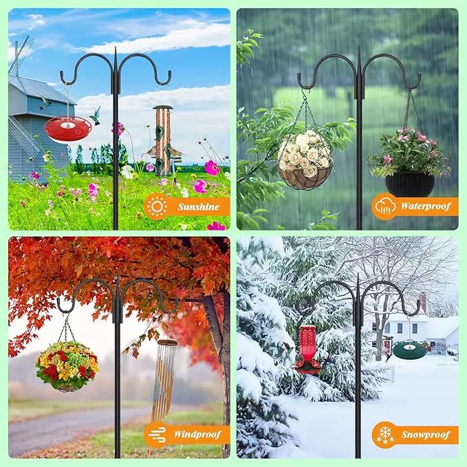 FEED GARDEN Adjustable Double Shepherds Hook for Outdoor with 5 Prong Base 63 Inch Heavy Duty Two Sided Bird Feeder Pole for Hanging Plant Baskets, Solar Light Lanterns, Wind Chimes 2 Pack by GreenHaven Gardens