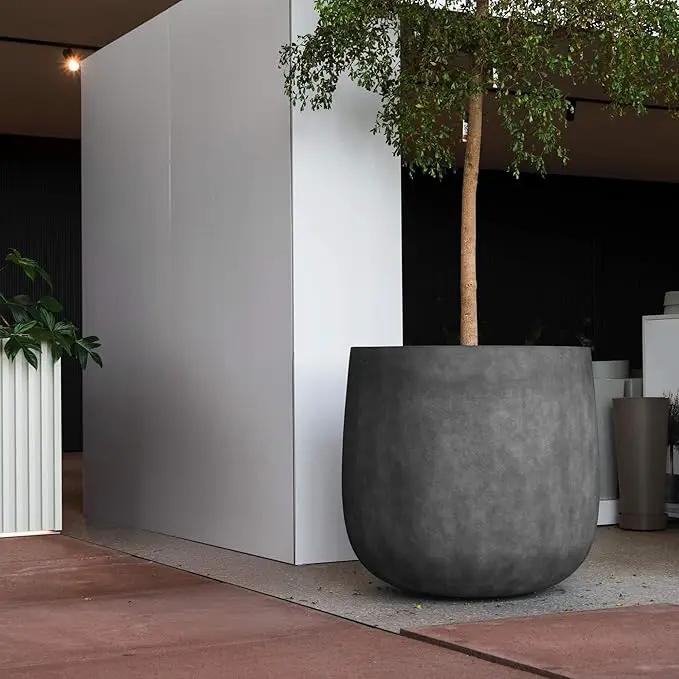 Mondo Large Planter – Grey Stone Finish – Fiberglass Indoor/Outdoor and Weather-Resistant Round Planter (33" D x 31.3" H Exterior, 31.5" D x 30.7" H Interior) by GreenHaven Gardens
