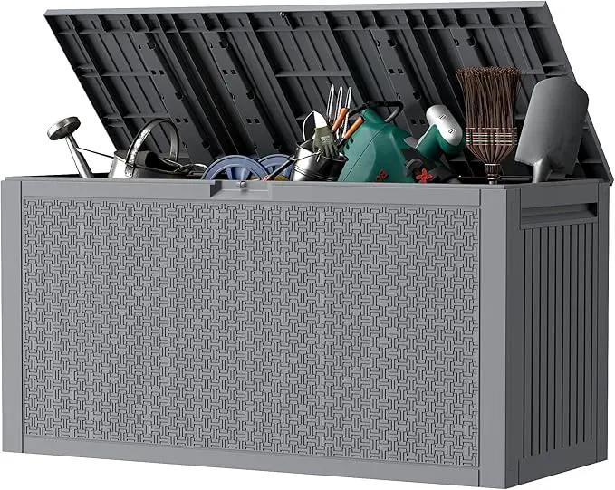 Outdoor Storage Box, 90 Gallon Deck Box, Waterproof Resin Storage Bin for Patio Cushions, Gardening Tools, Lockable, UV Resistant, Grey by GreenHaven Gardens