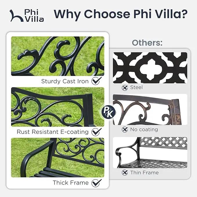 PHI VILLA 50-Inch Cast Iron Steel Frame Garden Bench Outdoor Patio Bench Chair w/Floral Design Backrest, Slatted Seat for Park, Yard & Porch, Black by GreenHaven Gardens