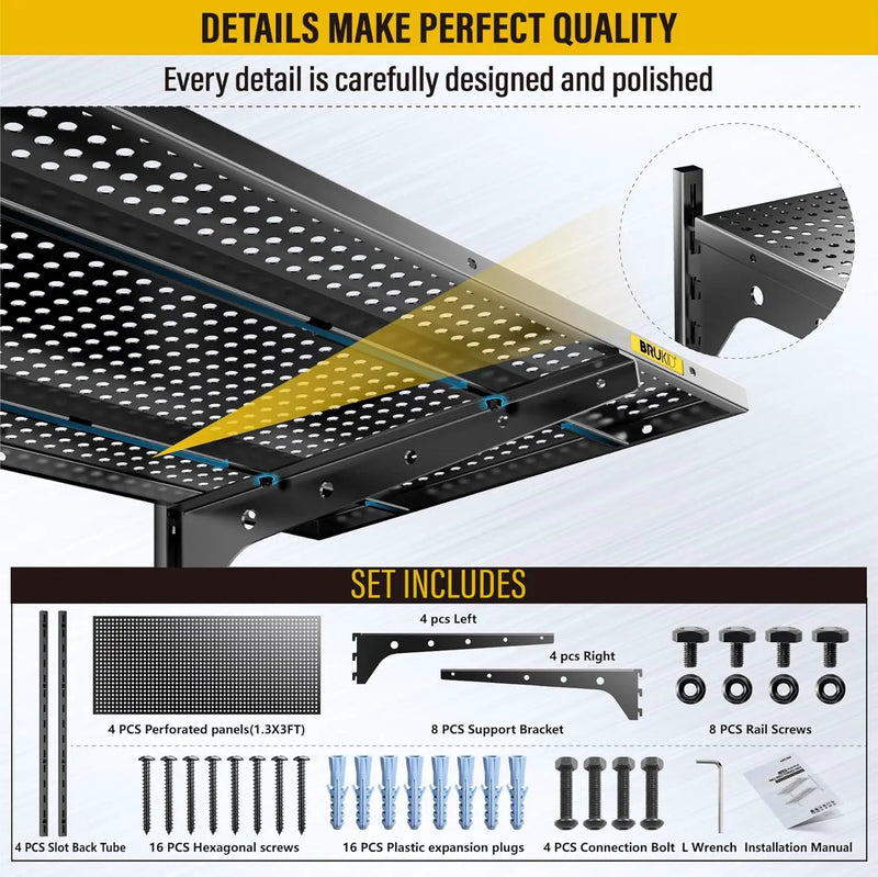 2-Pack×2 Tier 1.3x3ft Garage Shelving Wall Mounted, 800 lbs Load Capacity，15.6x36inch per Shelf Height Cassette Adjustable Floating Shelves（Total 4pcs）(Black) by GreenHaven Gardens