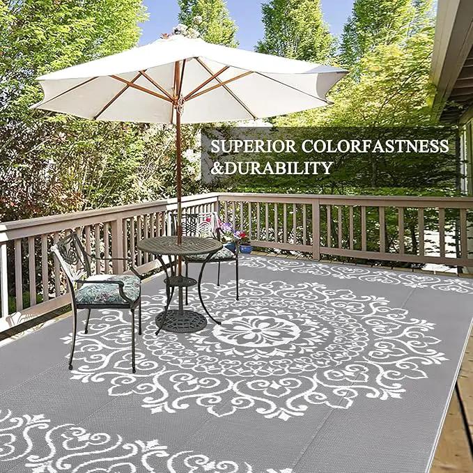 Pauwer Waterproof Outdoor Rug 8x10, Reversible Plastic Straw Patio Camping Rug, Indoor Outdoor RV Mat Carpet for Deck, Camper, Porch, Balcony, Backyard, Picnic, Floral Grey by GreenHaven Gardens