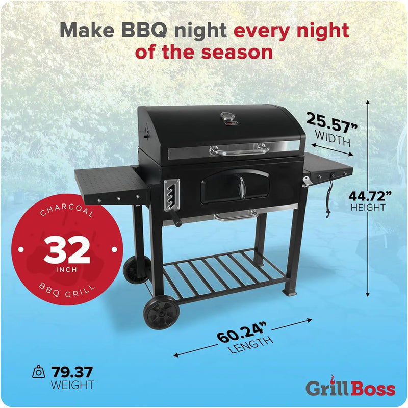 Grill Boss Charcoal Grill with Large 32-Inch Cooking Area - Includes Warming Rack, Side Shelves, Bottom Storage and Wheels for Outdoor BBQ, Tailgating, Camping & Backyard Grilling by GreenHaven Gardens