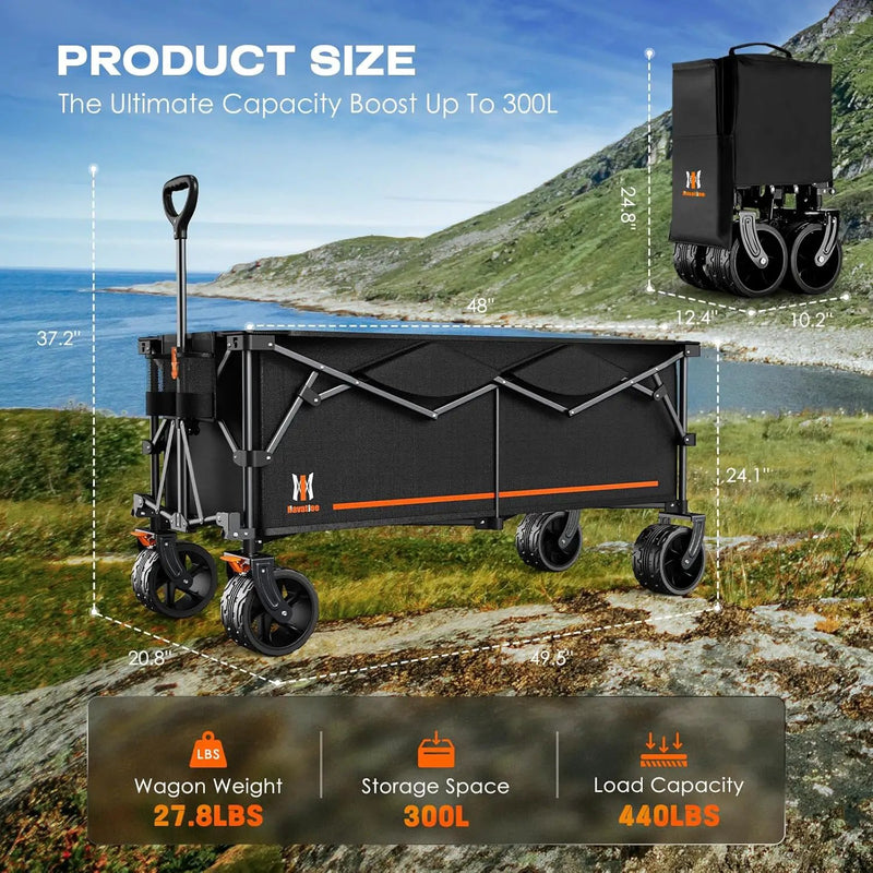 Navatiee 300L Collapsible Wagon Cart Foldable Extra Large, 48''L Folding Extended Beach Wagon with 440LBS Weight Capacity and Big All-Terrain Wheels, Heavy Duty Utility Garden Cart for Sports Outdoor by GreenHaven Gardens